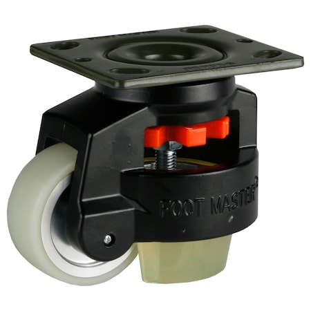 Foot Master Leveling Caster, 75 mm Polyurethane Wheel, 4 x 4-1/2 Plate, Swivel, 800 kg Cap, PU Foot Pad, Black GD-100-F-HUP-CUR-FBL-PUS